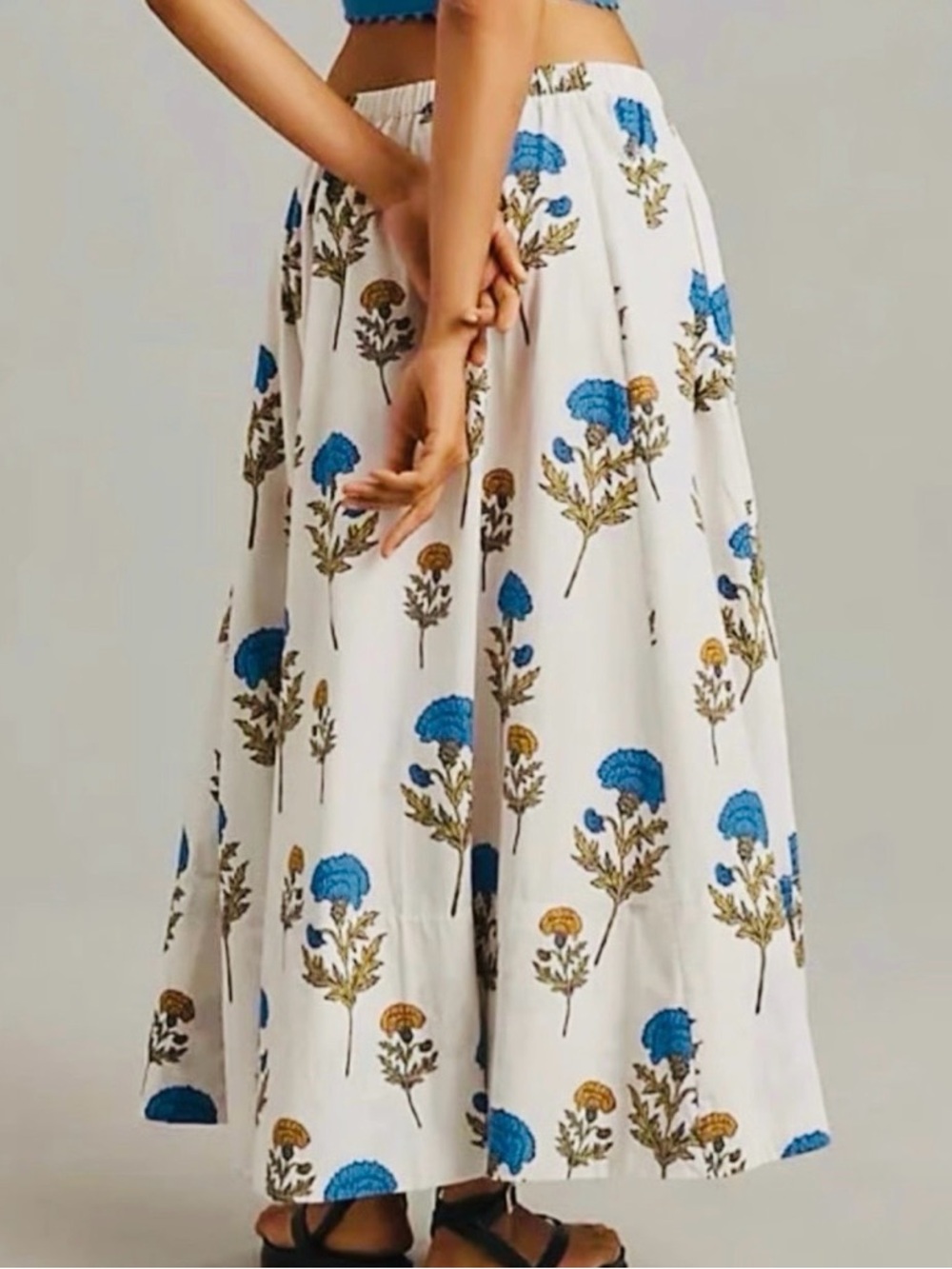 NWT Anthropologie Maeve Jacie White Maxi Skirt with Blue & Mustard Floral Print - Picture 3 of 12